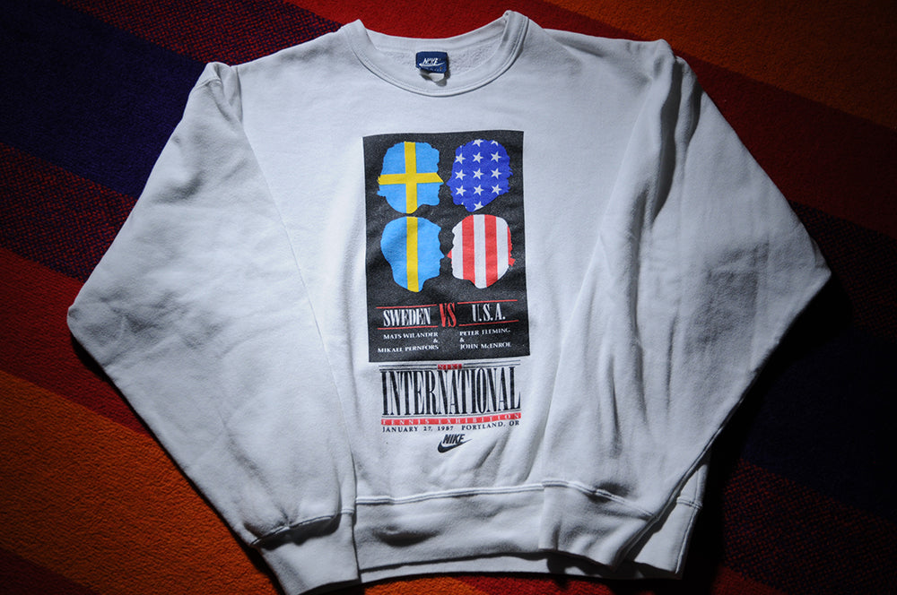 Vintage 80s Nike International Tennis Exhibition Mats Wilander Peter Fleming Mikael Pernfors John McEnroe Blue Tag Small