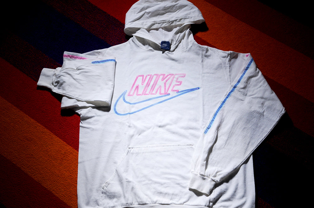 Vintage 80s Nike Blue Tag Neon Lights Swoosh Long Sleeve Hoodie Sweatshirt Large