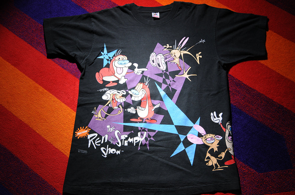 Vintage 90s Fruit Of The Loom Nickelodeon Nicktoons Ren And Stimpy All Over Print Shirt XL