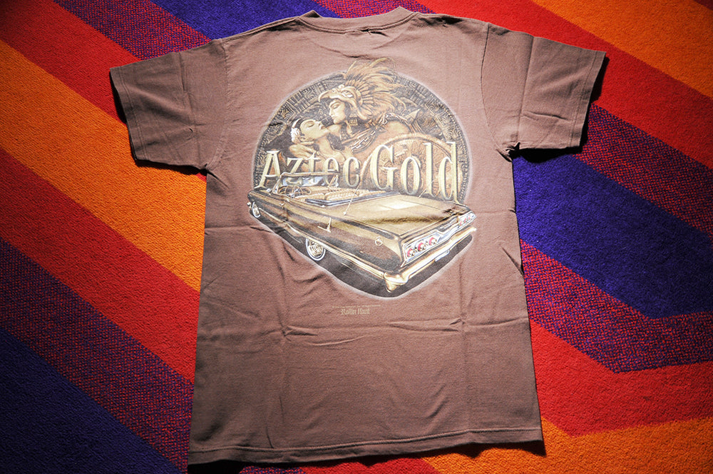 Vintage 90s Tultex Rolling Hard Aztec Gold Chicano Impala Low Rider Brown Pride szM