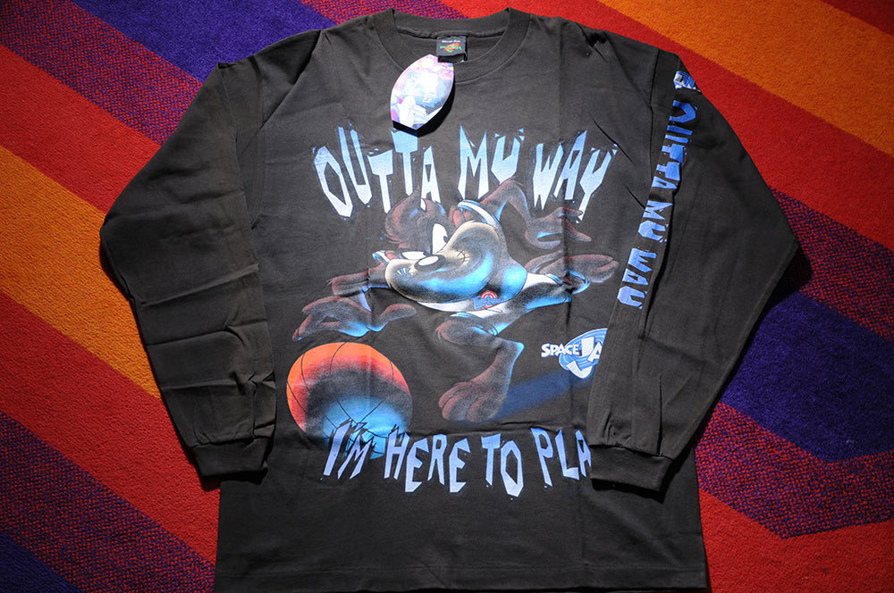 Vintage 90s Space Jam Looney Tunes Taz Outta My Way Basketball Long Sleeve Shirt LARGE